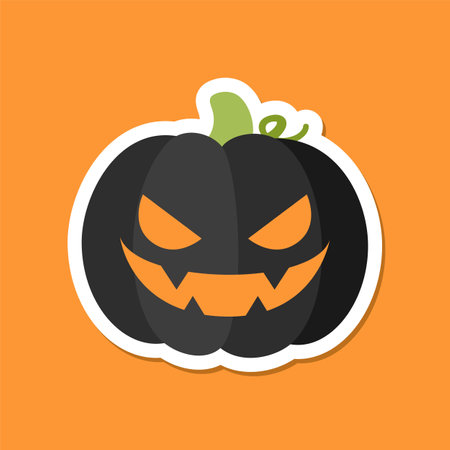 Scary spooky evil pumpkin jack o lantern sticker design. Traditional decoration symbol of halloween trick or treat holiday celebration. Vector illustration.のイラスト素材