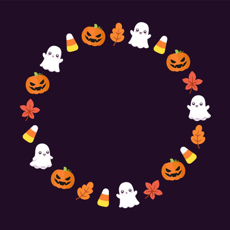 Round Halloween frame border design with cartoon ghost, jack o lantern, pumpkins, candy corn. Cute Halloween card doodles. Vector Halloween illustrationsのイラスト素材