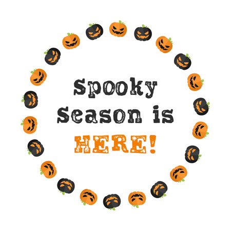 Round Jack O Lantern Halloween Frame. Spooky Season is Here Text. Social Media Post Card Template Vector Illustration.のイラスト素材
