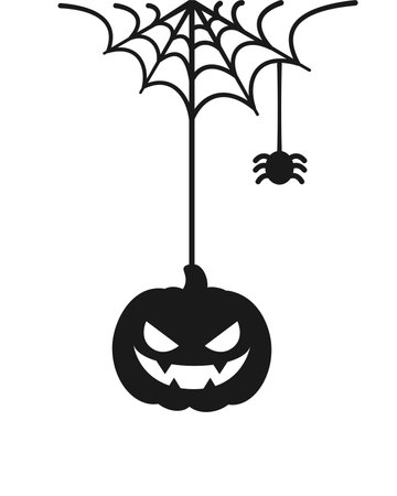 Jack O Lantern Evil Pumpkin Hanging on a Spider Web Silhouette, Happy Halloween Spooky Ornaments Decoration Vector illustrationのイラスト素材