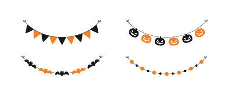 Cute Halloween Garland Bunting Set with Jack O Lantern, Pumpkins and Bats. Simple banner hanging party classy decor vector element.のイラスト素材