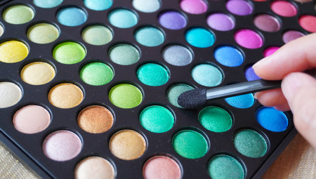 Makeup brush and rainbow colorful eyeshadow palette.の写真素材