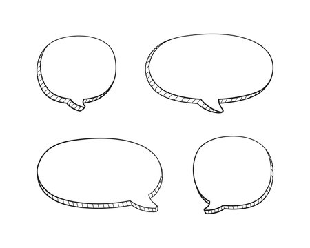 Collection set of hand drawn 3D blank speech bubble balloon, think, speak, talk, text box banner, black and white color, flat design vector illustrationのイラスト素材