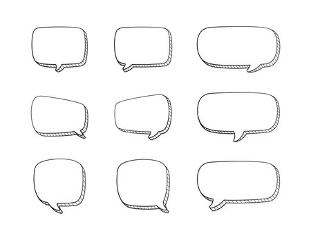 Collection set of hand drawn 3D blank speech bubble balloon, think, speak, talk, text box banner, black and white color, flat design vector illustrationのイラスト素材