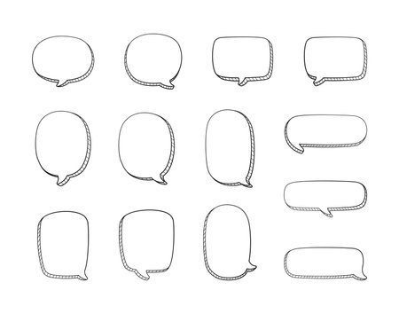 Collection set of hand drawn 3D blank speech bubble balloon, think, speak, talk, text box banner, black and white color, flat design vector illustrationのイラスト素材