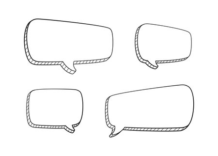 Collection set of hand drawn 3D blank speech bubble balloon, think, speak, talk, text box banner, black and white color, flat design vector illustrationのイラスト素材