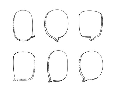 Collection set of hand drawn 3D blank speech bubble balloon, think, speak, talk, text box banner, black and white color, flat design vector illustrationのイラスト素材