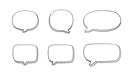 Collection set of hand drawn 3D blank speech bubble balloon, think, speak, talk, text box banner, black and white color, flat design vector illustrationのイラスト素材