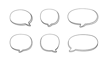 Collection set of hand drawn 3D blank speech bubble balloon, think, speak, talk, text box banner, black and white color, flat design vector illustrationのイラスト素材