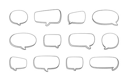 Collection set of hand drawn 3D blank speech bubble balloon, think, speak, talk, text box banner, black and white color, flat design vector illustrationのイラスト素材