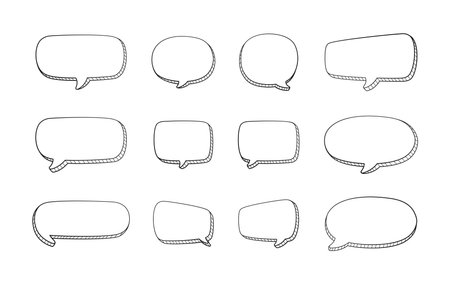 Collection set of hand drawn 3D blank speech bubble balloon, think, speak, talk, text box banner, black and white color, flat design vector illustrationのイラスト素材