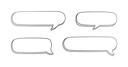 Collection set of hand drawn 3D blank speech bubble balloon, think, speak, talk, text box banner, black and white color, flat design vector illustrationのイラスト素材