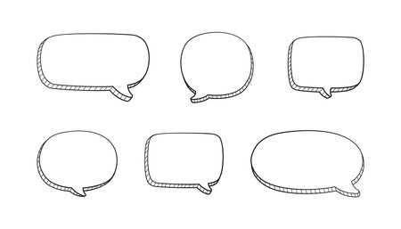 Collection set of hand drawn 3D blank speech bubble balloon, think, speak, talk, text box banner, black and white color, flat design vector illustrationのイラスト素材