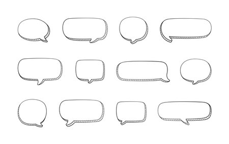 Collection set of hand drawn 3D blank speech bubble balloon, think, speak, talk, text box banner, black and white color, flat design vector illustrationのイラスト素材