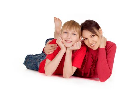 Woman and her son in a red sweatersの写真素材