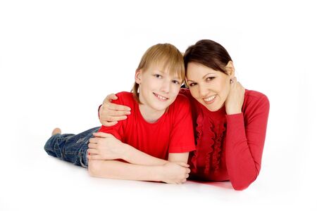 Mother and son in a red sweatersの写真素材