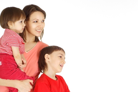 Woman and her fine children with presentsの写真素材