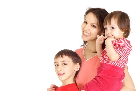 Woman and her good children with presentsの写真素材