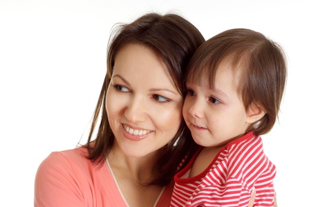 Woman and her daughter in a red sweater on a white backgroundの写真素材