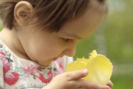 A beautiful baby in flowers on the streetの写真素材