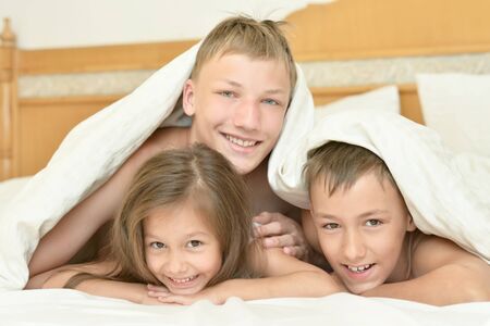 Close-up portrait of two brothers and a little sisterの写真素材