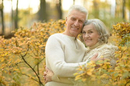 Portrait of a happy senior couple in autumn parkの写真素材