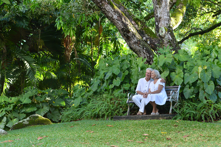 Happy elderly couple sitting on a bench outdoorsの写真素材