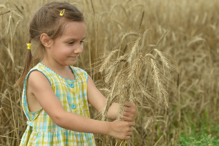 Cute little standing girl in the wheat field on sunsetの写真素材
