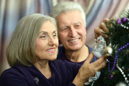 Happy beautiful elderly couple celebrating new year at home,decorated christmas treeの写真素材