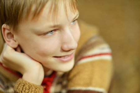 Portrait of happy boy in autumn parkの写真素材