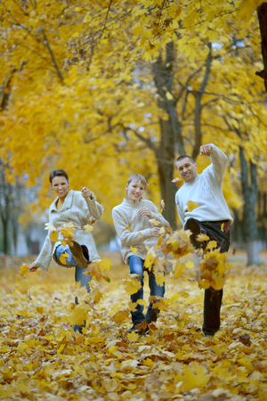 Happy family of four having fun together in the park in autumnの写真素材