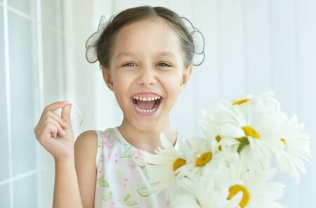Portrait of  Beautiful little girl with dasies flowersの写真素材
