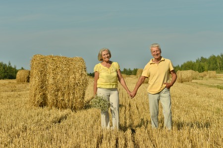 Portrait of a beautiful senior couple  in summer fieldの写真素材