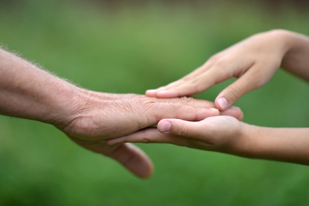 Two hands together against the green natural background