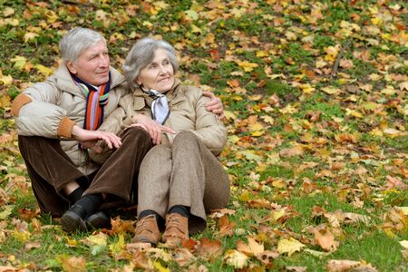 Beautiful happy old people sitting in the autumn parkの写真素材