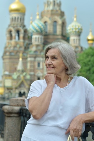 Portrait of a happy senior woman outdoorの写真素材