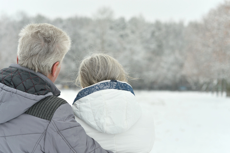 Portrait of elderly couple having fun outdoors in winter forestの写真素材