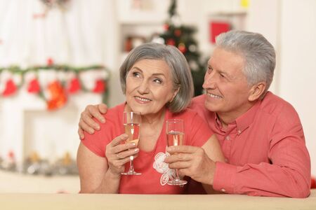 Amusing old couple celebrating new year with champagneの写真素材