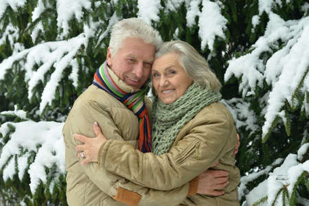 Portrait of a happy senior couple at winter outdoorsの写真素材