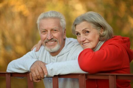Portrait of a happy senior couple in autumn parkの写真素材