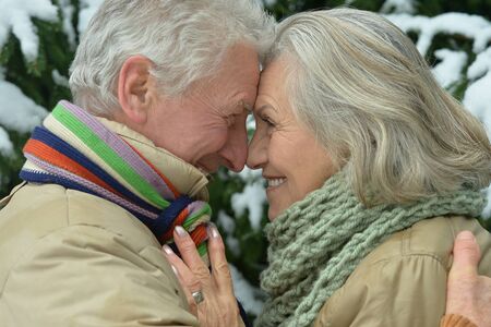 Portrait of a happy senior couple at winter outdoorsの写真素材