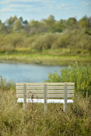 Empty white a bench near a lakeの写真素材