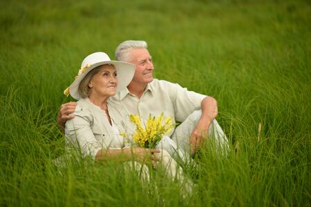 Beautiful senior couple  in a summer fieldの写真素材