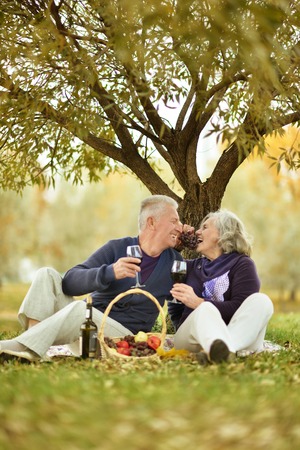 Mature couple on a picnic in the autumn parkの写真素材