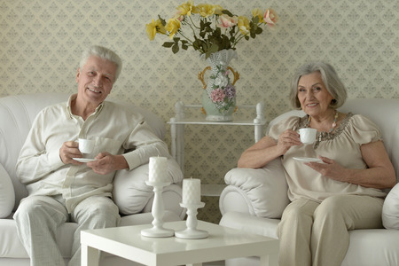 happy Senior couple resting at home with tea cups