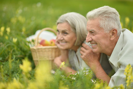 Beautiful senior couple in a summer fieldの写真素材