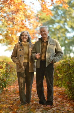 Portrait of a happy senior couple in autumn parkの写真素材