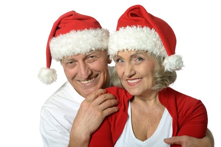 Portrait of amusing old couple celebrating New Yearの写真素材