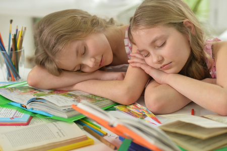 two sisters twins fall asleepの写真素材