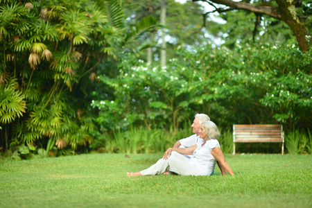 Cute elderly couple on a summer walkの写真素材